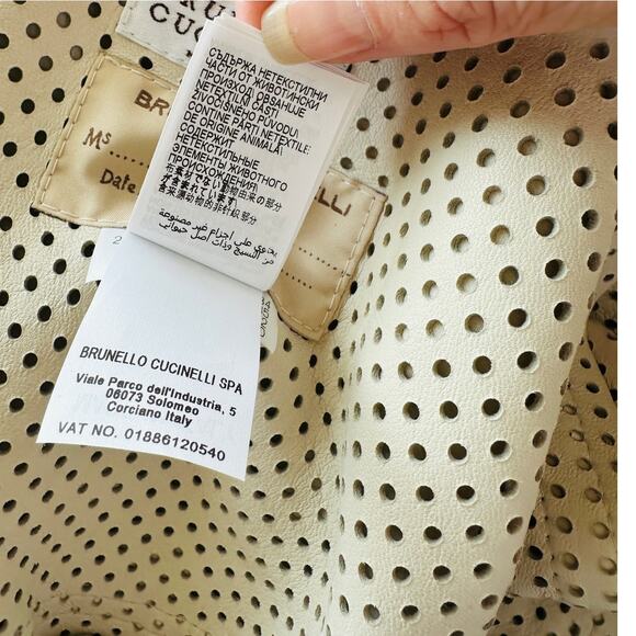 NWT Brunello Cucinelli Tan Cream Laser Cut 100% Leather Bomber Jacket 48 / XL - Picture 13 of 16